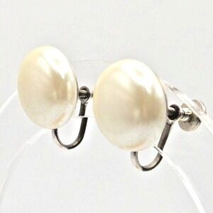 Vintage 50s Hartzberg Faux Pearl Button Earrings Silvertone Screw Backs NY, USA